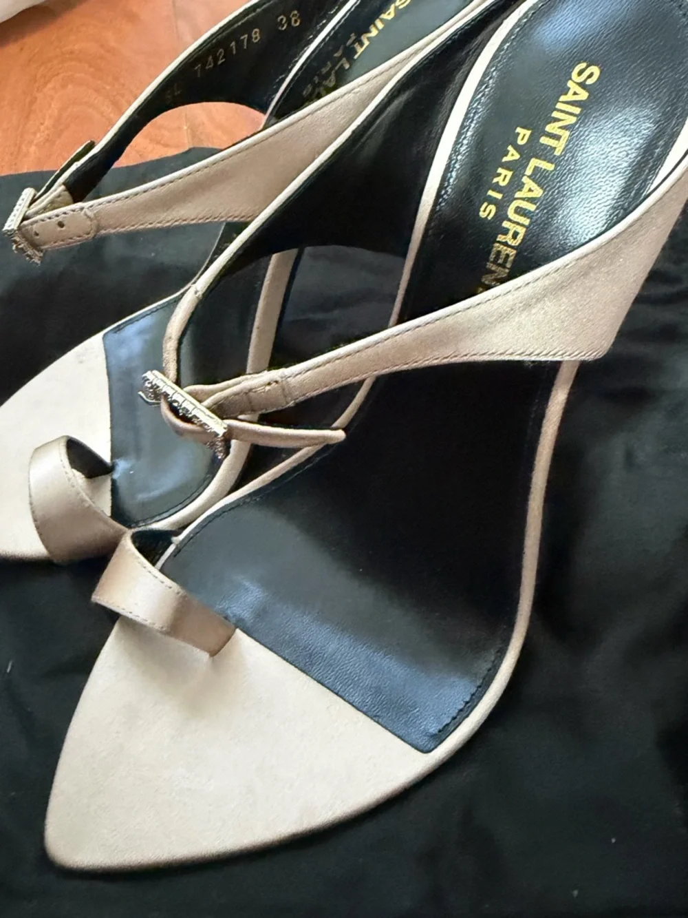 Saint Laurent Pale Pink Rhinestone-Buckle silk sandals - Picture 3 of 4